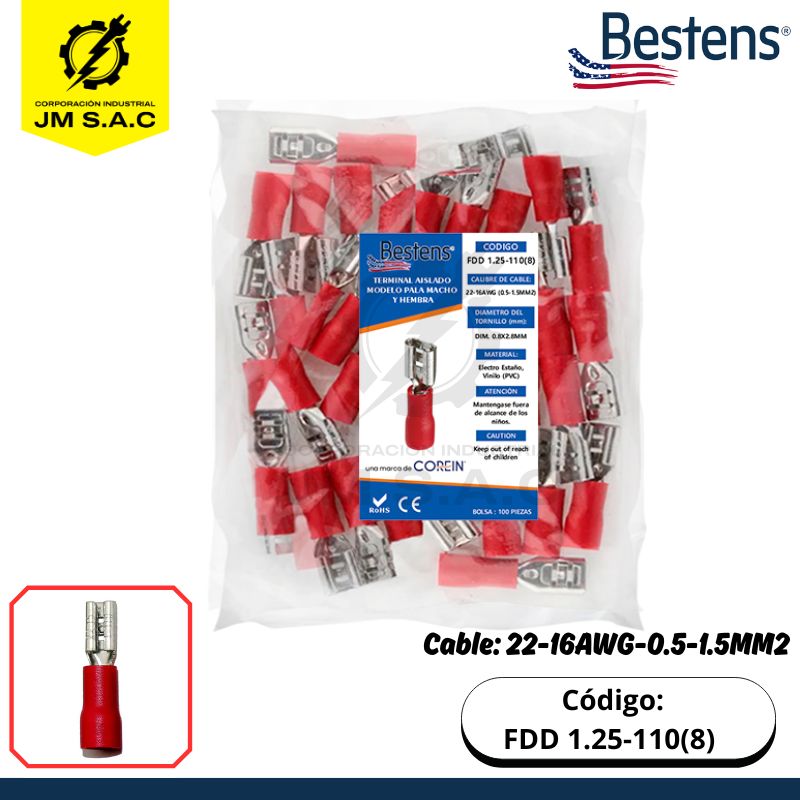 FDD 1.25-110(8) TERMINAL TIPO PALA HEMBRA 22-16AWG-0.5-1.5MM2 ROJO DIM.0.8X2.8MM 10A X 100U - Imagen 1