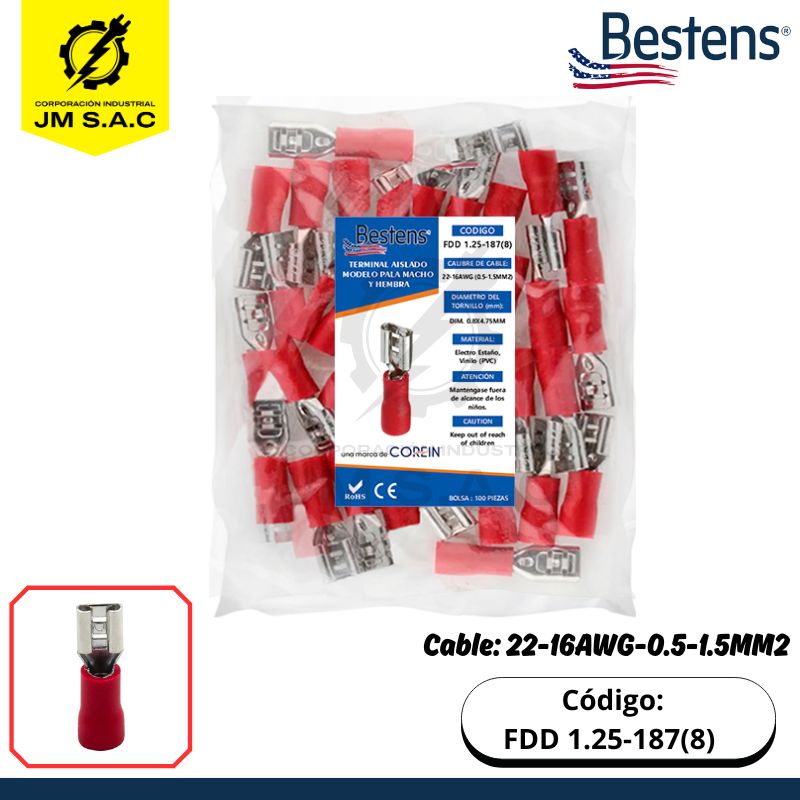 FDD 1.25-187(8) TERMINAL TIPO PALA HEMBRA 22-16AWG-0.5-1.5MM2 ROJO DIM.0.8X4.75MM 10A X 100U - Imagen 1