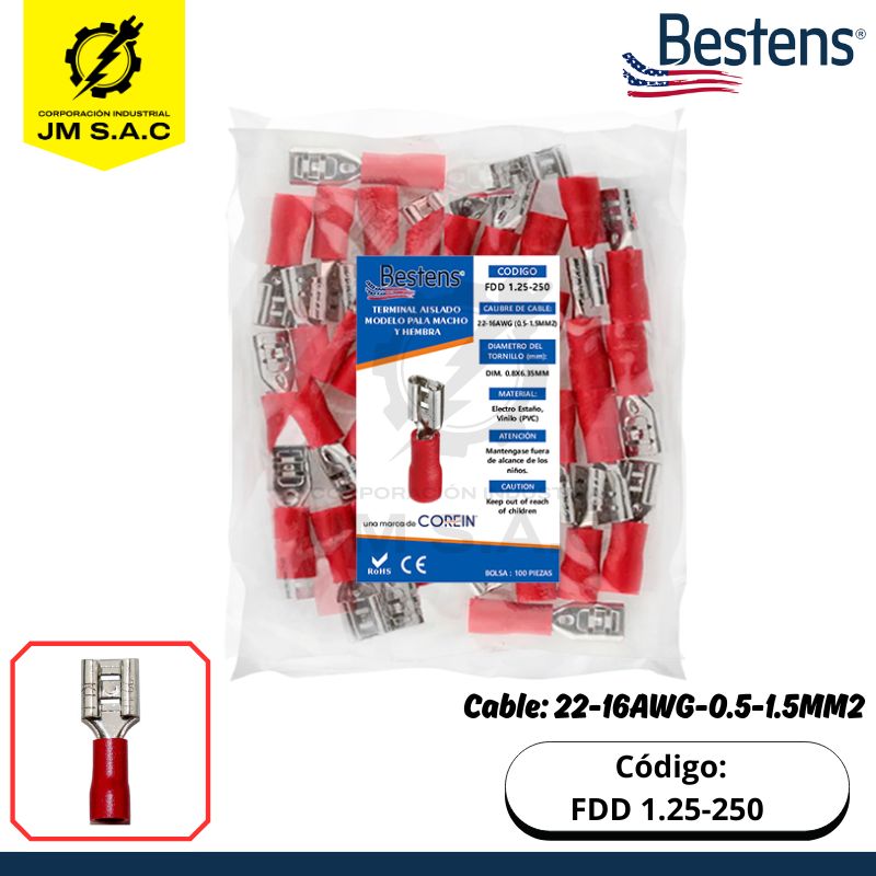 FDD 1.25-250 TERMINAL TIPO PALA HEMBRA 22-16AWG-0.5-1.5MM2 ROJO DIM.0.4X6.35MM 10A X 100U - Imagen 1