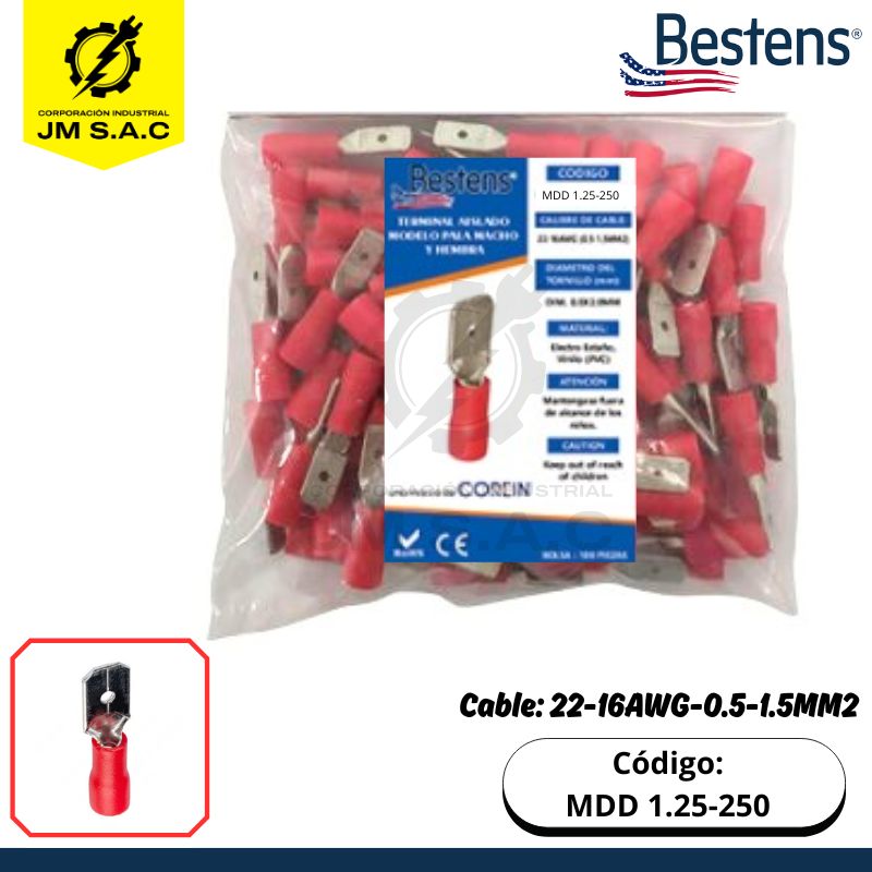 MDD 1.25-250 TERMINAL TIPO PALA MACHO 22-16AWG-0.5-1.5MM2 ROJO DIM.0.8X6.35MM 10A X 100U - Imagen 1