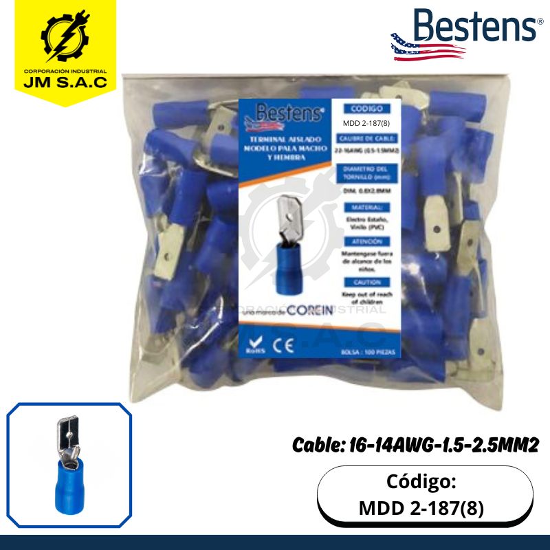 MDD 2-187(8) TERMINAL TIPO PALA MACHO 16-14AWG-1.5-2.5MM2 AZUL DIM. 0.8X4.75MM 15A X 100U - Imagen 1