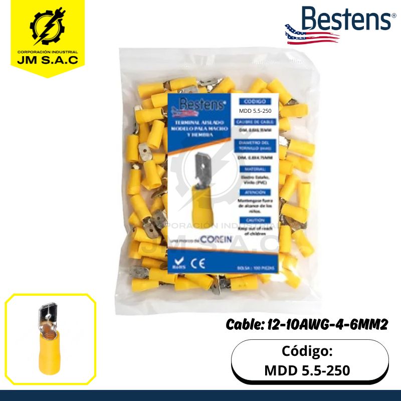 MDD 5.5-250 TERMINAL TIPO PALA MACHO 12-10AWG-4-6MM2 AMARILLO DIM.0.8X6.35MM 24A X 100U - Imagen 1