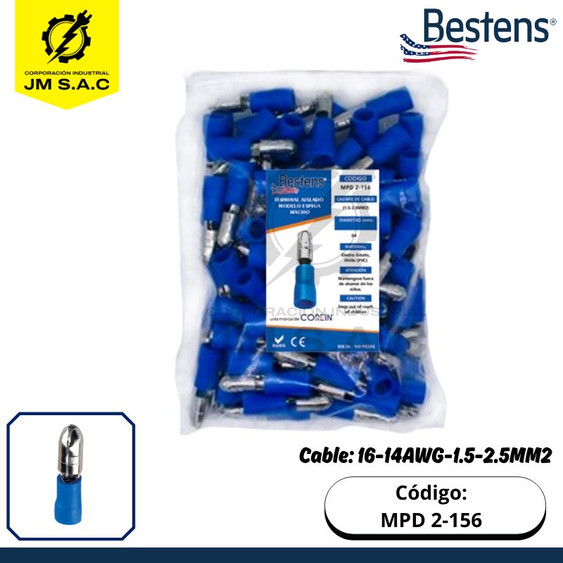 MPD 2-156 TERMINAL AISLADO BULLET ESPIGA MACHO 16-14AWG-1.5-2.5MM2 AZUL 15A X 100U - Imagen 1