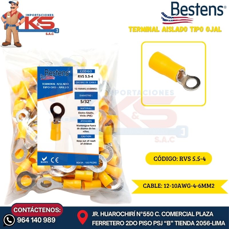 OJAL AMARILLO RVS 5.5-4 TERMINAL AISLADO TIPO OJAL 12-10AWG-4-6MM2 AMARILLO 5/32" ANCH.7.2MM 48A X 100U - Imagen 1