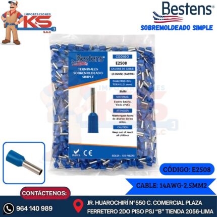 TERMINAL SOBREMOLDEADO SIMPLE 14AWG-2.5MM2 AZUL DIM.8 X 100U