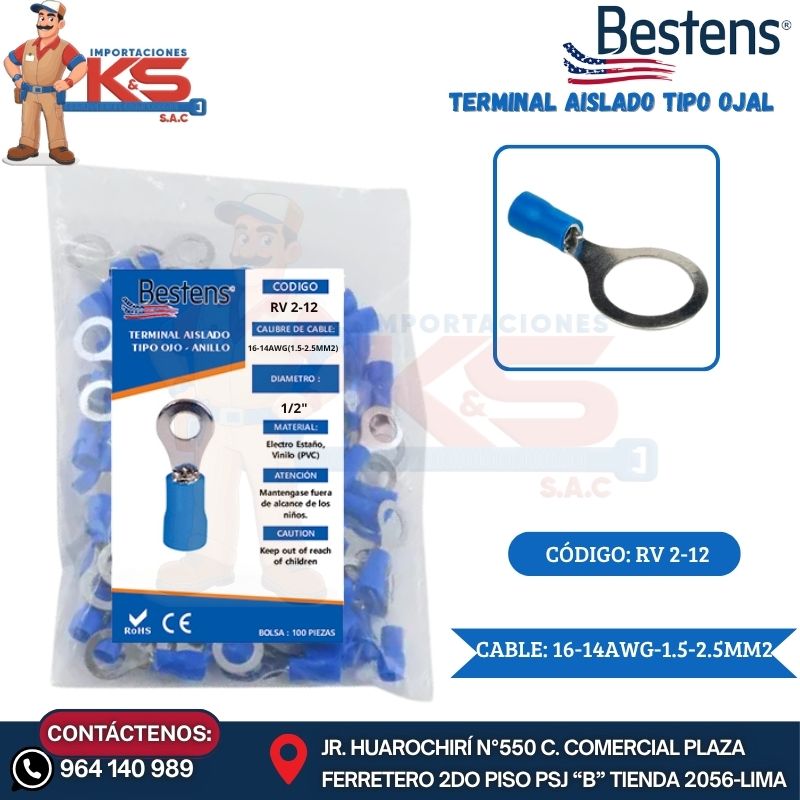 T OJAL AZUL RV 2-12 TERMINAL AISLADO TIPO OJAL 16-14AWG-1.5-2.5MM2 AZUL 1/2" ANCH.19.2MM 27A X 100U - Imagen 1