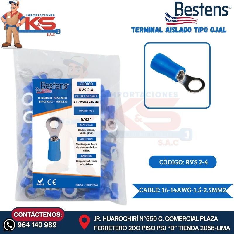 T OJAL AZUL RVS 2-4 TERMINAL AISLADO TIPO OJAL 16-14AWG-1.5-2.5MM2 AZUL 5/32" ANCH.8.5MM 27A X 100U - Imagen 1
