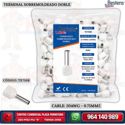 TERMINAL TUBULAR DOBLE BLANCO TE7508 PARA CABLE 20AWG (0.75MM2) Bolsa x 100UND