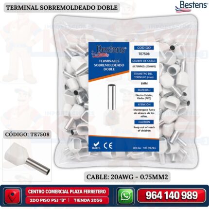 TERMINAL TUBULAR DOBLE BLANCO TE7508 PARA CABLE 20AWG (0.75MM2) Bolsa x 100UND BESTENS
