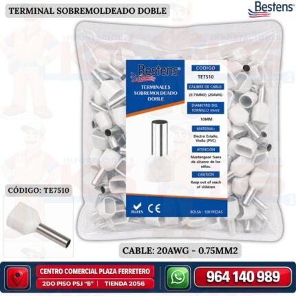TERMINAL TUBULAR DOBLE BLANCO TE7510 PARA CABLE 20AWG (0.75MM2) Bolsa x 100UND BESTENS