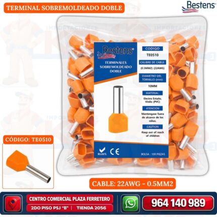 TERMINAL TUBULAR DOBLE NARANJA TE0510 PARA CABLE 22AWG (0.5MM2) Bolsa x 100UND