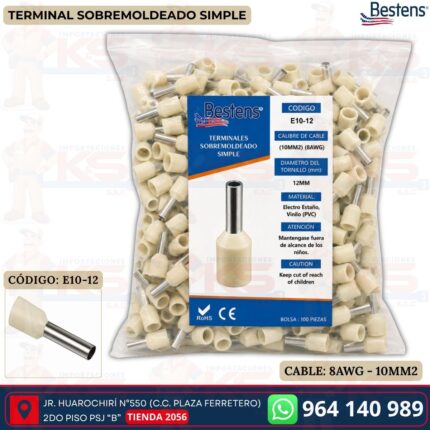 Terminal sobremoldeado simple E10-12 para cable 8AWG 10mm² color marfil bolsa de 100 und - Bestens