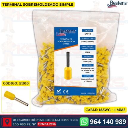 Terminal sobremoldeado simple E1010 para cable 18AWG 1mm² color amarillo bolsa de 100 und - Bestens