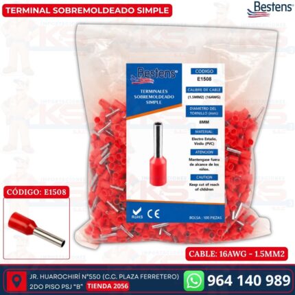 Terminal sobremoldeado simple E1508 para cable 16AWG 1.5mm² color rojo bolsa de 100 und - Bestens