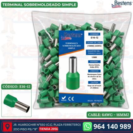 Terminal sobremoldeado simple E16-12 para cable 6AWG 16mm² color verde bolsa de 100 und - Bestens