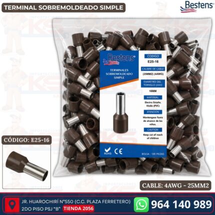 Terminal sobremoldeado simple E25-16 para cable 4AWG 25mm² color marrón bolsa de 100 und - Bestens