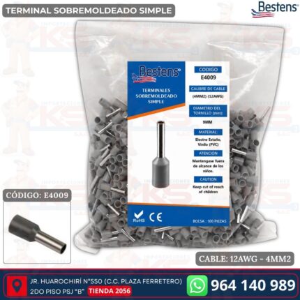 Terminal sobremoldeado simple E4009 para cable 12AWG 4mm² color gris bolsa de 100 und - Bestens