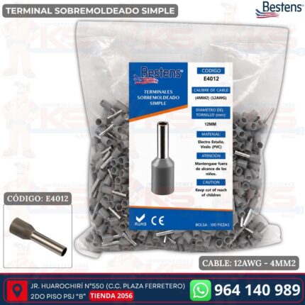 Terminal sobremoldeado simple E4012 para cable 12AWG 4mm² color gris bolsa de 100 und - Bestens