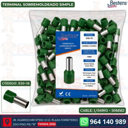 Terminal sobremoldeado simple E50-16 para cable 1/0AWG 50mm² color verde oliva bolsa de 100 und - Bestens