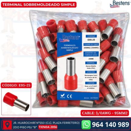 Terminal sobremoldeado simple E95-25 para cable 3/0AWG 95mm² color rojo de 100 und - Bestens