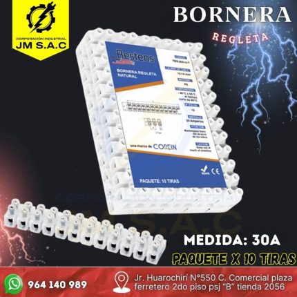BORNERA REGLETA PVC TIPO U 30A X PAQUETE DE 10 TIRAS