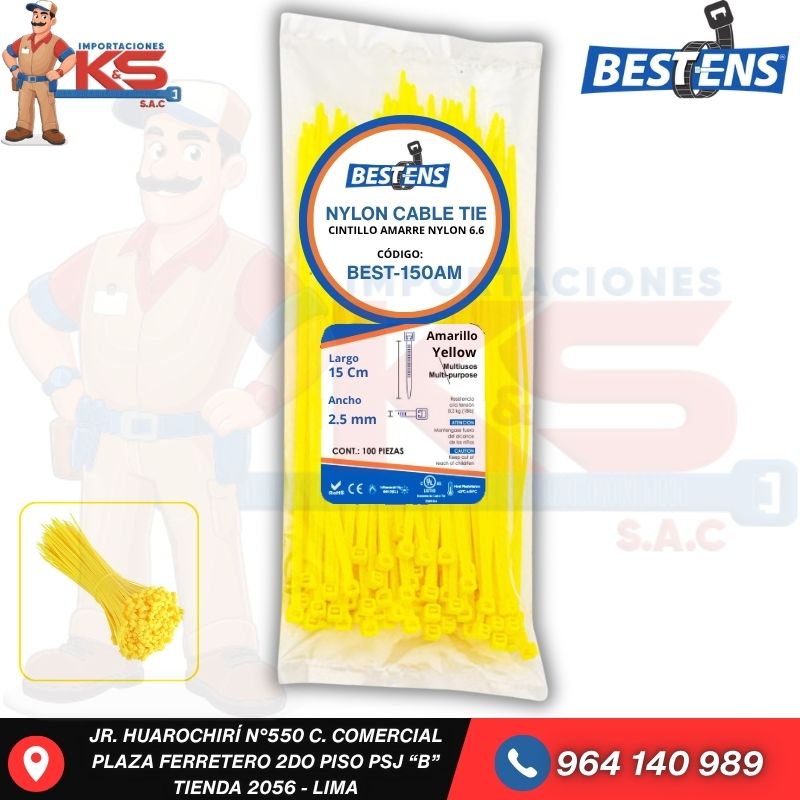 AMARILLO BEST-150AM CINTILLO DE NYLON 6.6 AMARILLO (UL) 150X2.5MM (15CM) X 100PZ - Imagen 1