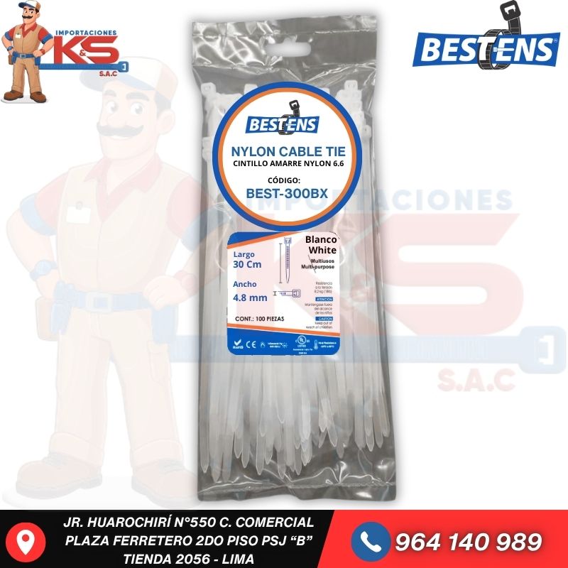BLANCO BEST-300BX CINTILLO DE NYLON 6.6 BLANCO (UL) 300X4.8MM (30CM) X 100PZ - Imagen 1
