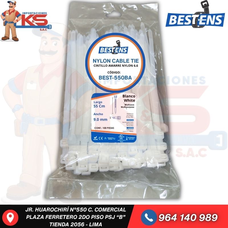 BLANCO BEST-550BA CINTILLO DE NYLON 6.6 BLANCO (UL) 550X9MM (55CM) X 100PZ - Imagen 1