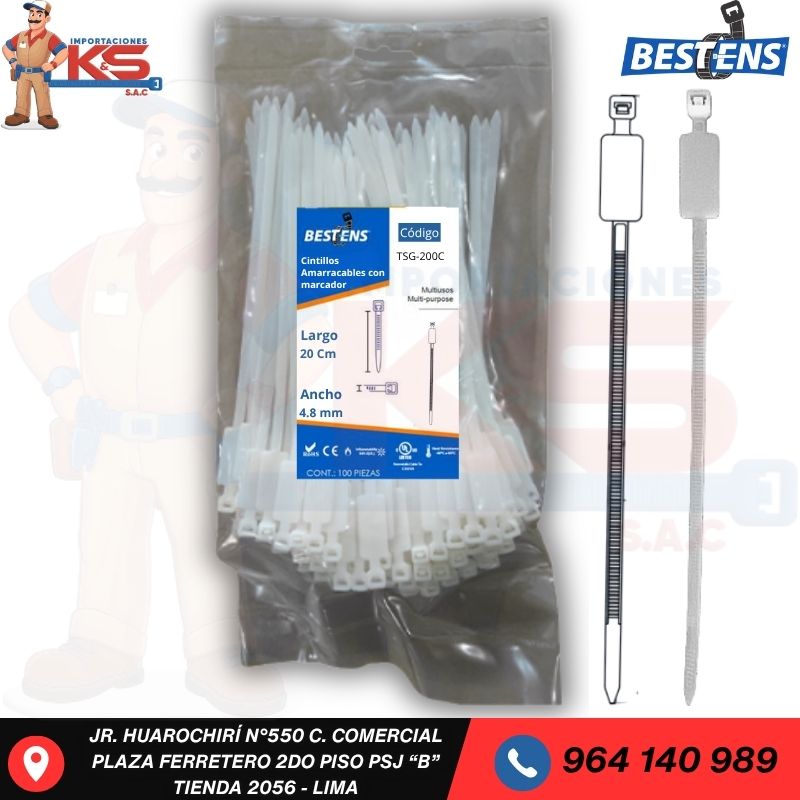 MARCADOR BLANCO TSG-200C CINTILLO DE NYLON (CON MARCADOR ) BLANCO 200X4.8MM X 100PZ - Imagen 1