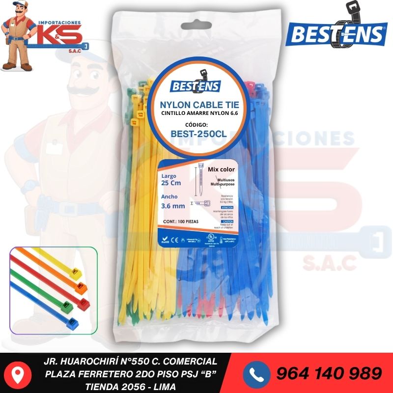 MIXTO BEST-250CL CINTILLO DE NYLON 6.6 COLORES MIXTOS (UL) 250X3.6MM (10CM) X 100PZ - Imagen 1