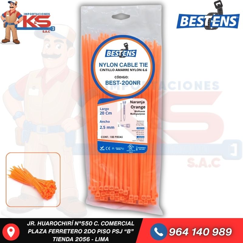 NARANJA BEST-200NR CINTILLO DE NYLON 6.6 NARANJA (UL) 200X2.5MM (20CM) X 100PZ - Imagen 1
