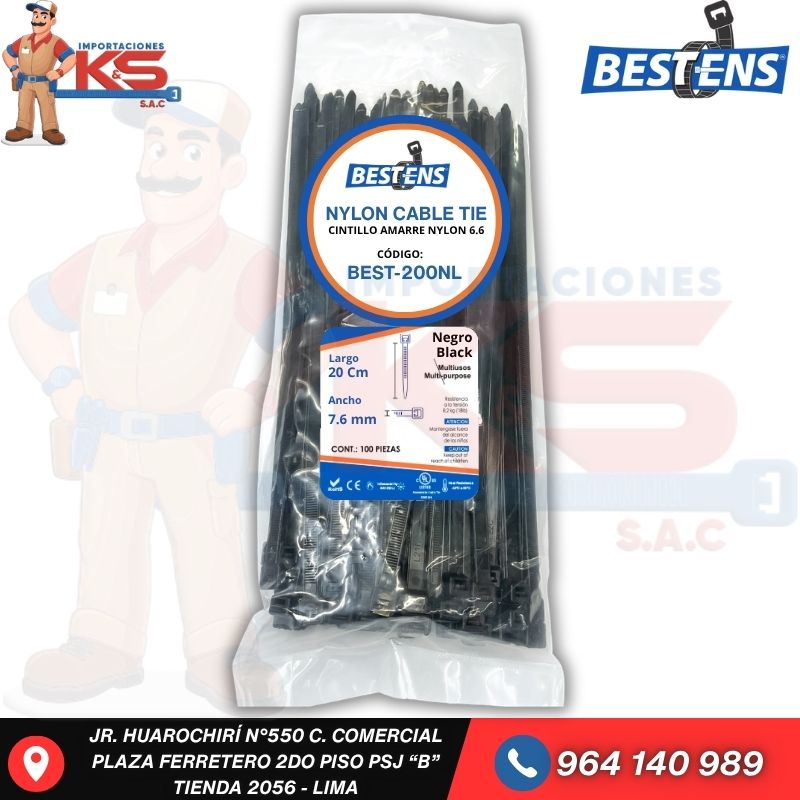 NEGRO BEST-200NL CINTILLO DE NYLON 6.6 NEGRO (UL) 200X7.6MM (20CM) X 100PZ - Imagen 1