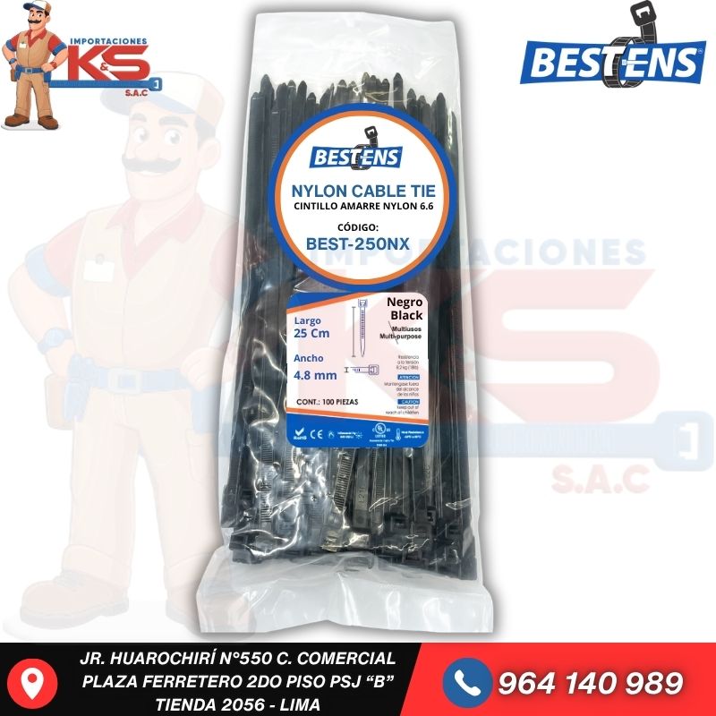 NEGRO BEST-250NX CINTILLO DE NYLON 6.6 NEGRO (UL) 250X4.8MM (25CM) X 100PZ - Imagen 1