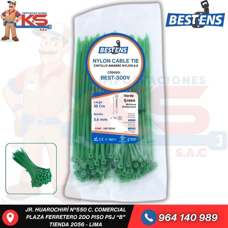 VERDE BEST-300V CINTILLO DE NYLON 6.6 VERDE (UL) 300X3.6MM (30CM) X 100PZ - Imagen 1