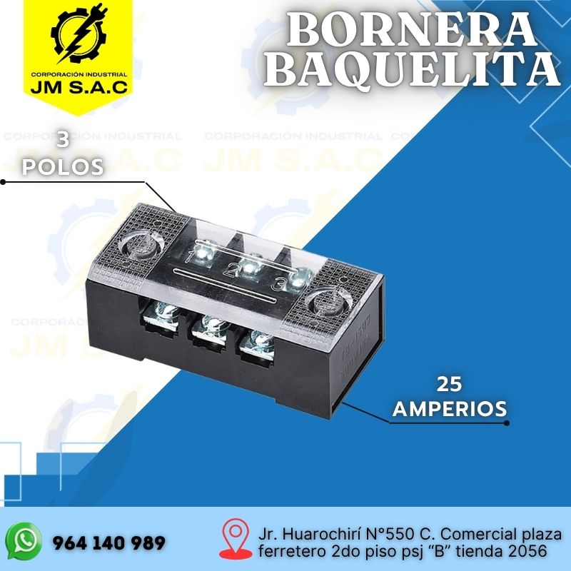 BAQUELITA 3X25 BORNERA BAQUELITA 3P 25AMP NEGRO CON TAPA TRANSPARENTE EXTRAÍBLE - Imagen 1