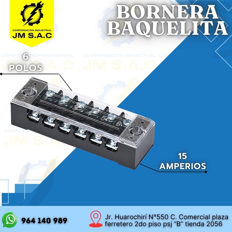 BAQUELITA 6X15 BORNERA BAQUELITA 6P 15AMP NEGRO CON TAPA TRANSPARENTE EXTRAÍBLE - Imagen 1