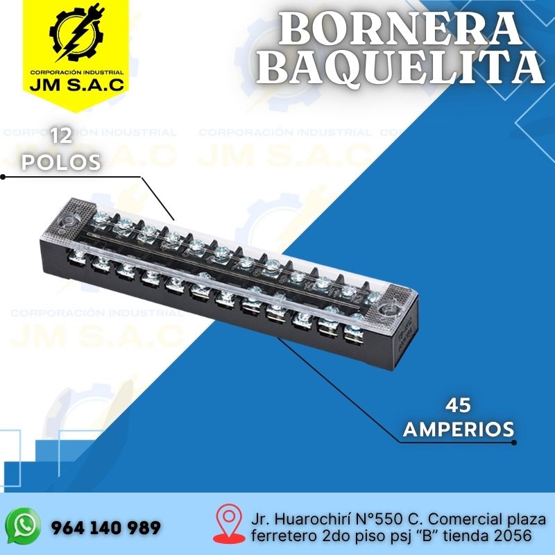 BAQUELITA 12X45 BORNERA BAQUELITA 12P 45AMP NEGRO CON TAPA TRANSPARENTE EXTRAÍBLE - Imagen 1