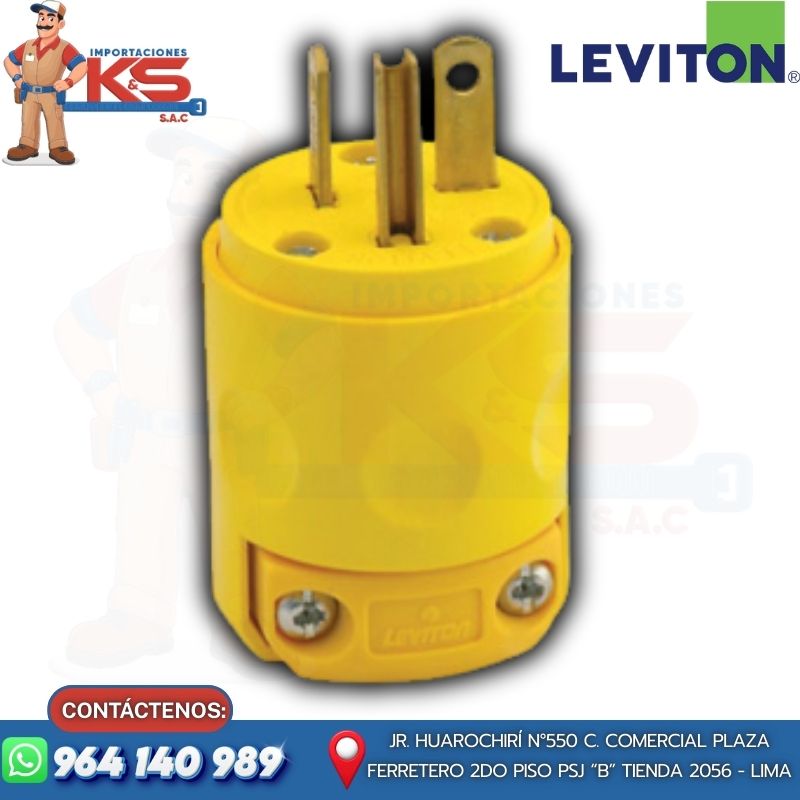 LEVITON E 520PV ENCHUFE HOJA RECTA 2P+TIERRA TUERTO CHINO 20A 125V AMARILLO - Imagen 1
