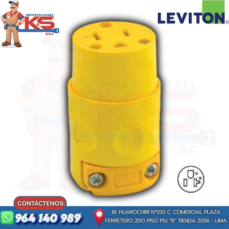 LEVITON T 520CV TOMA AÉREO HOJA RECTA 2P+TIERRA TUERTO CHINO 20A 250V AMARILLO - Imagen 1
