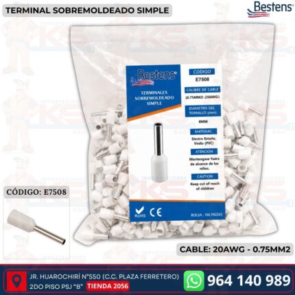 Terminal sobremoldeado simple E7508 para cable 20AWG 0.75mm² color blanco bolsa de 100 und - Bestens