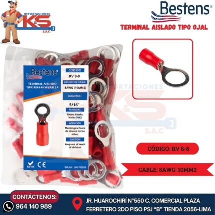 TERMINAL AISLADO TIPO OJAL 8AWG-10MM2 5/16" ROJO X 100U