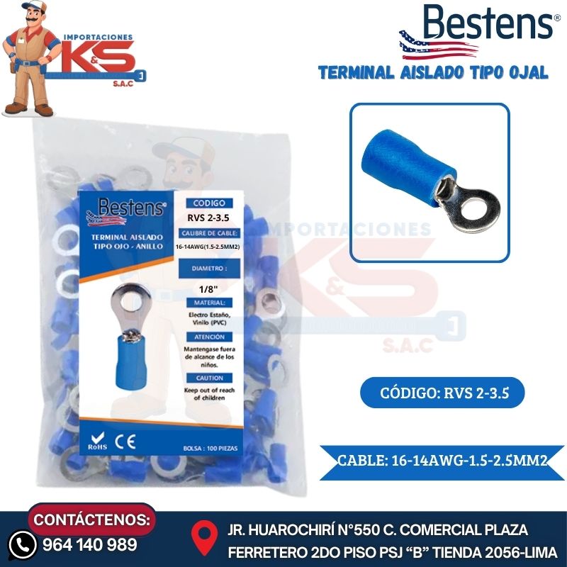 T OJAL AZUL RVS 2-3.5 TERMINAL AISLADO TIPO OJAL 16-14AWG-1.5-2.5MM2 AZUL 1/8" (ANCH.5.7MM2) 27A X 100U - Imagen 1