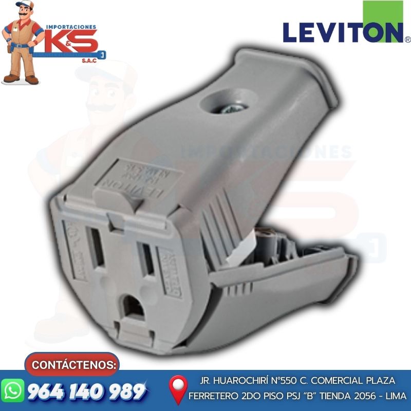 LEVITON T 3W102-GY TOMA AÉREO L/T 15A 125V CLAMPTITE C/BISAGRA PVC GRIS - Imagen 1