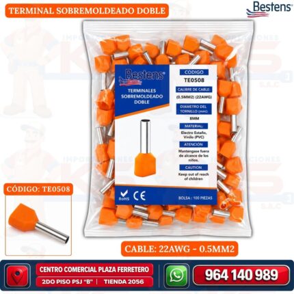 TERMINAL TUBULAR DOBLE COLOR NARANJA TE0508 PARA CABLE 22AWG (0.5MM2) Bolsa x 100UND