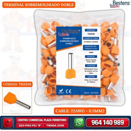 TERMINAL TUBULAR DOBLE NARANJA TE0508 PARA CABLE 22AWG (0.5MM2) Bolsa x 100UND