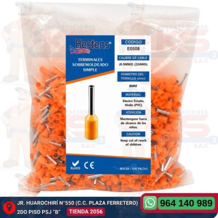 Terminal sobremoldeado simple Bestens E0508 para cable 22AWG 0.5mm² color naranja bolsa de 100 unidades