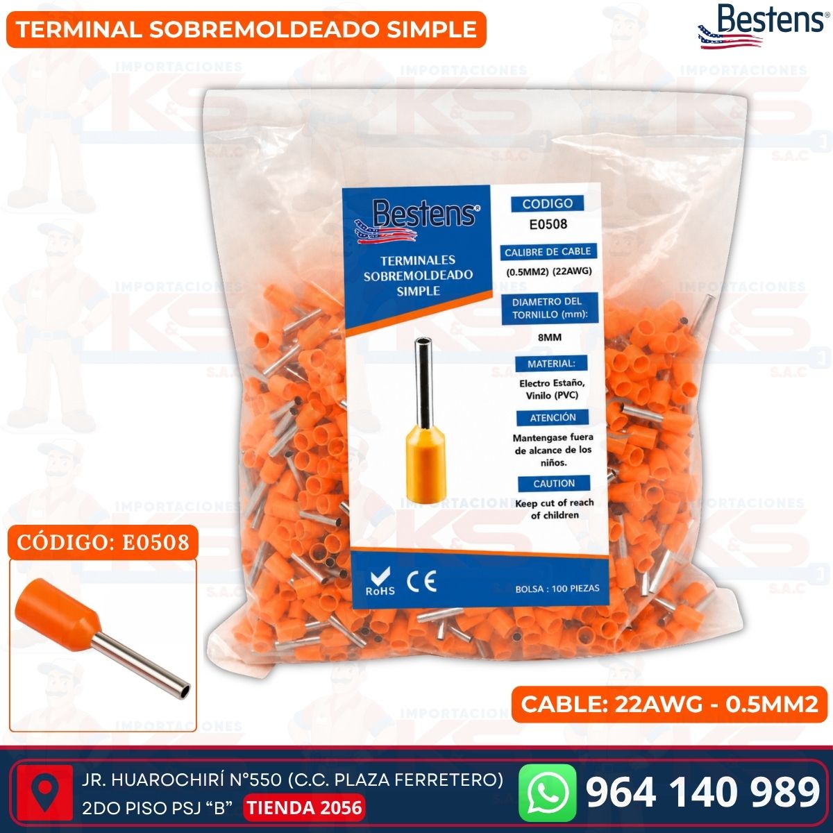 Terminal sobremoldeado simple E0508 para cable 22AWG 0.5mm² color naranja bolsa de 100 und -marca Bestens Terminal sobremoldeado simple E0508 para cable 22AWG 0.5mm² color naranja bolsa de 100 und -marca Bestens