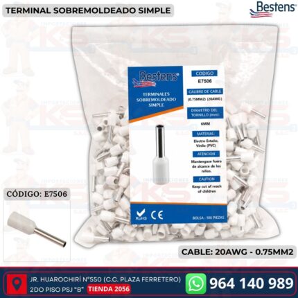 Terminal sobremoldeado simple E7506 para cable 20AWG 0.75mm² color blanco bolsa de 100 und - Bestens